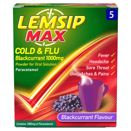 Picture of Lemsip MaxStrength Cold&Flu B/Currant 5s x12